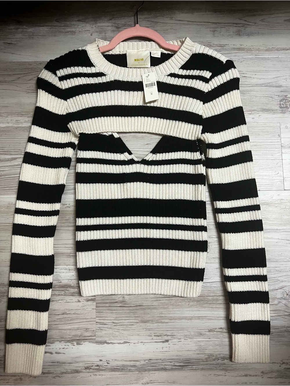 Maeve Anthro Black & White Striped Cutout Ribbed Sweater NWT Size M